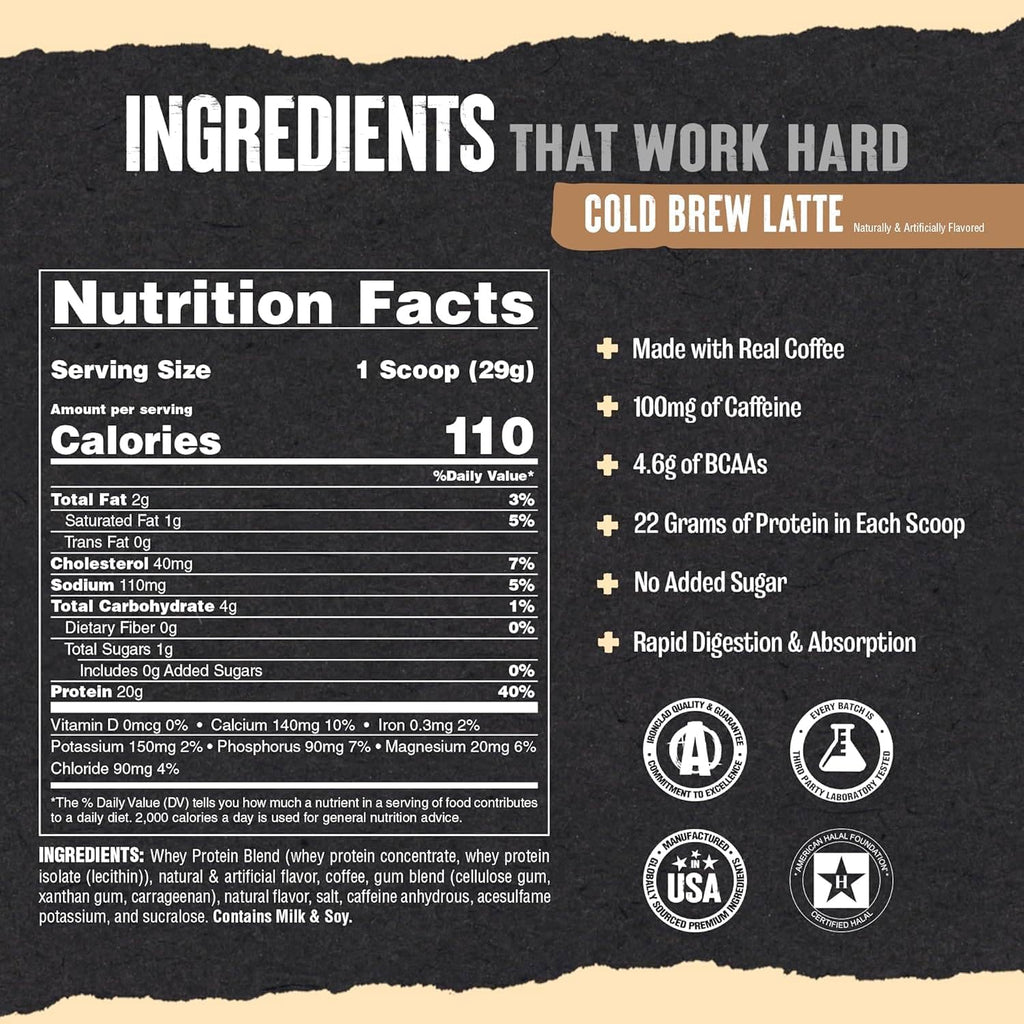 Animal 100% Whey Protein Powder Samples & Shaker Bottle – Real Instant Iced Coffee Whey + 20g of Protein, 120mg of Caffeine Meal Replacement with BCAA – Cold Brew Latte, 3 Single-Serving Packets