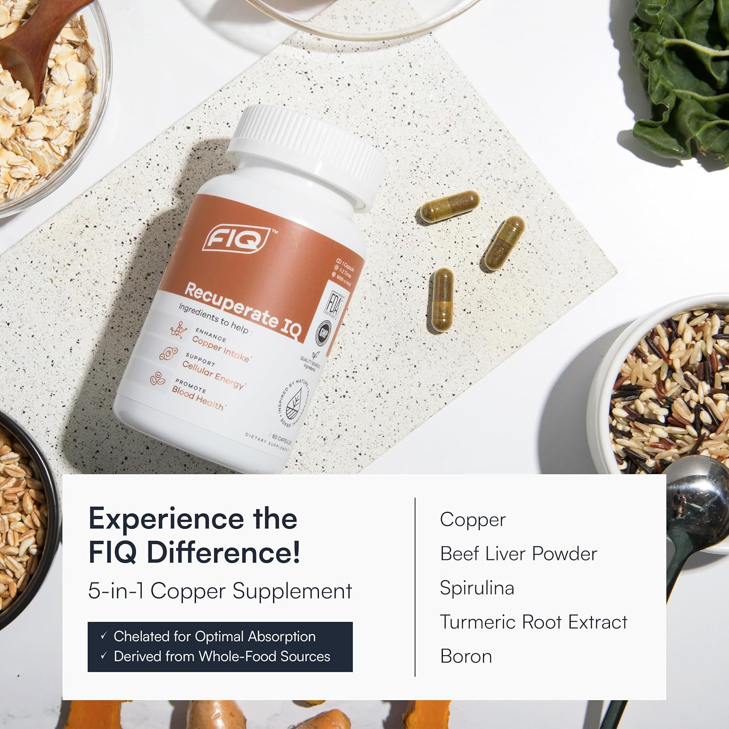 FIQ - Recuperate IQ - 5-in-1 Copper Supplements with Copper Bisglycinate - Easy-to-Swallow 2mg Capsules - High Absorption, Boosts Energy - 60 Capsules
