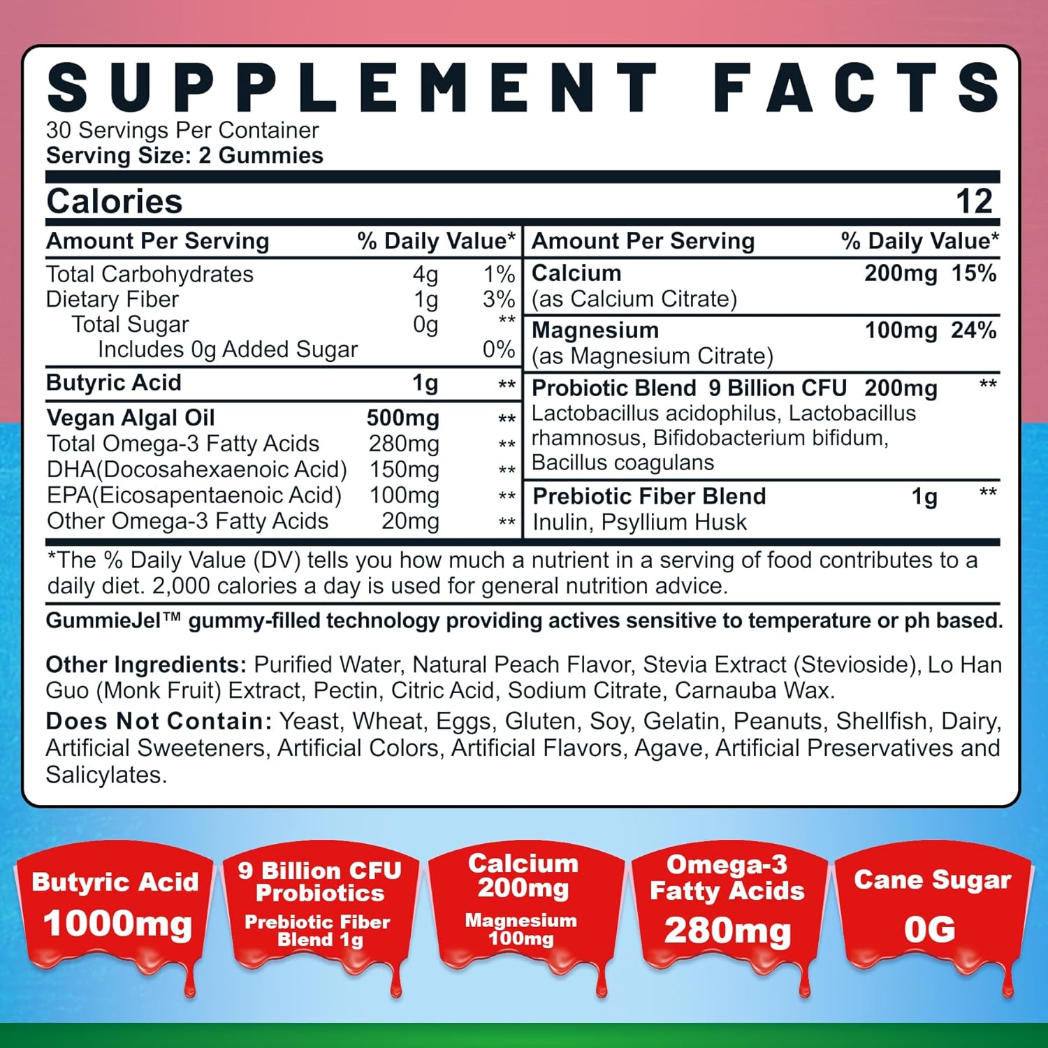 Butyrate Gummies with Probiotic + Prebiotic + Postbiotic, Omega-3 500mg,Fiber with 9 Billion CFU Probiotics, Calcium & Magnesium, Inulin,Psyllium Husk for Digestive Health,Bloating Support,Sugar Free