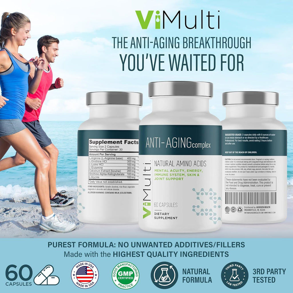 Anti-Aging Natural Amino Acids Supplement for Women & Men – Supports Immune Health, Energy, Smoother Skin Tone, & Restorative Sleep, Anti-Aging Supplement Pills for Longevity, 60 Capsules