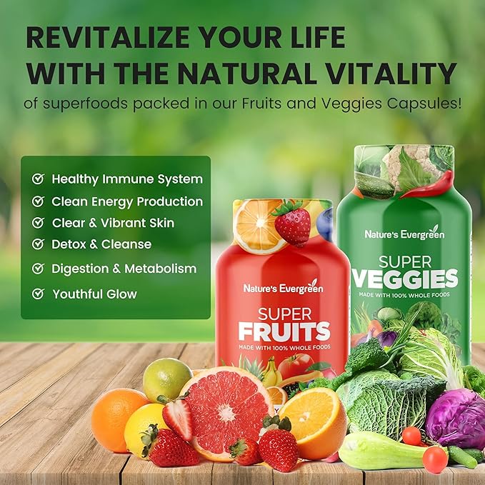 Fruits and Veggies Supplement - Nature Fruits and Vegetables Supplements - Vegan, Non GMO, Soy Free, Superfood Vitamins & Minerals Nutritional Balance - (Total 180 Capsules - Pack of 2) Made in USA