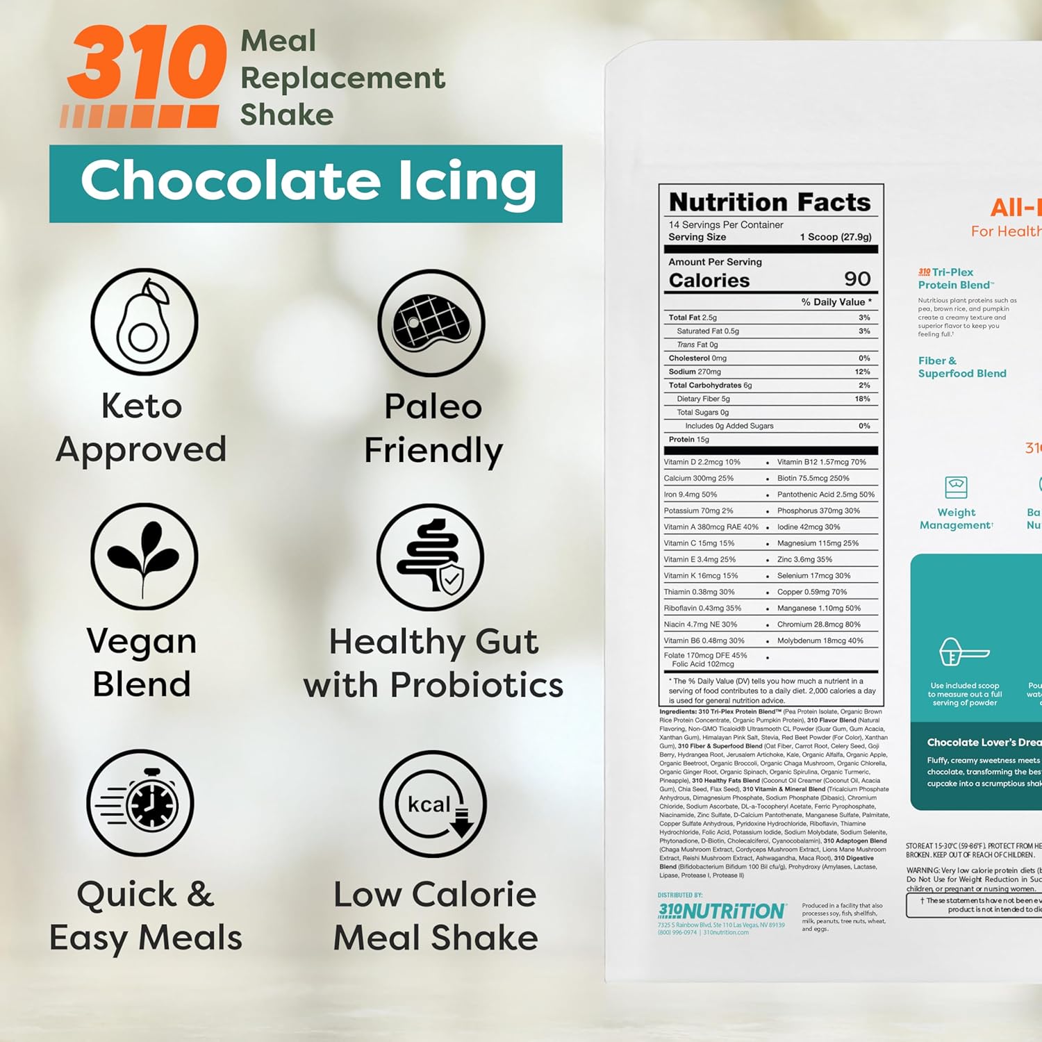 310 Nutrition All-In-One Meal Replacement Shake Powder - Plant-Based Protein Smoothie Blend w/High Fiber, Probiotics & Adaptogens - Low Carb, Vegan, Keto & Paleo Friendly - Chocolate Icing - 14 Srv