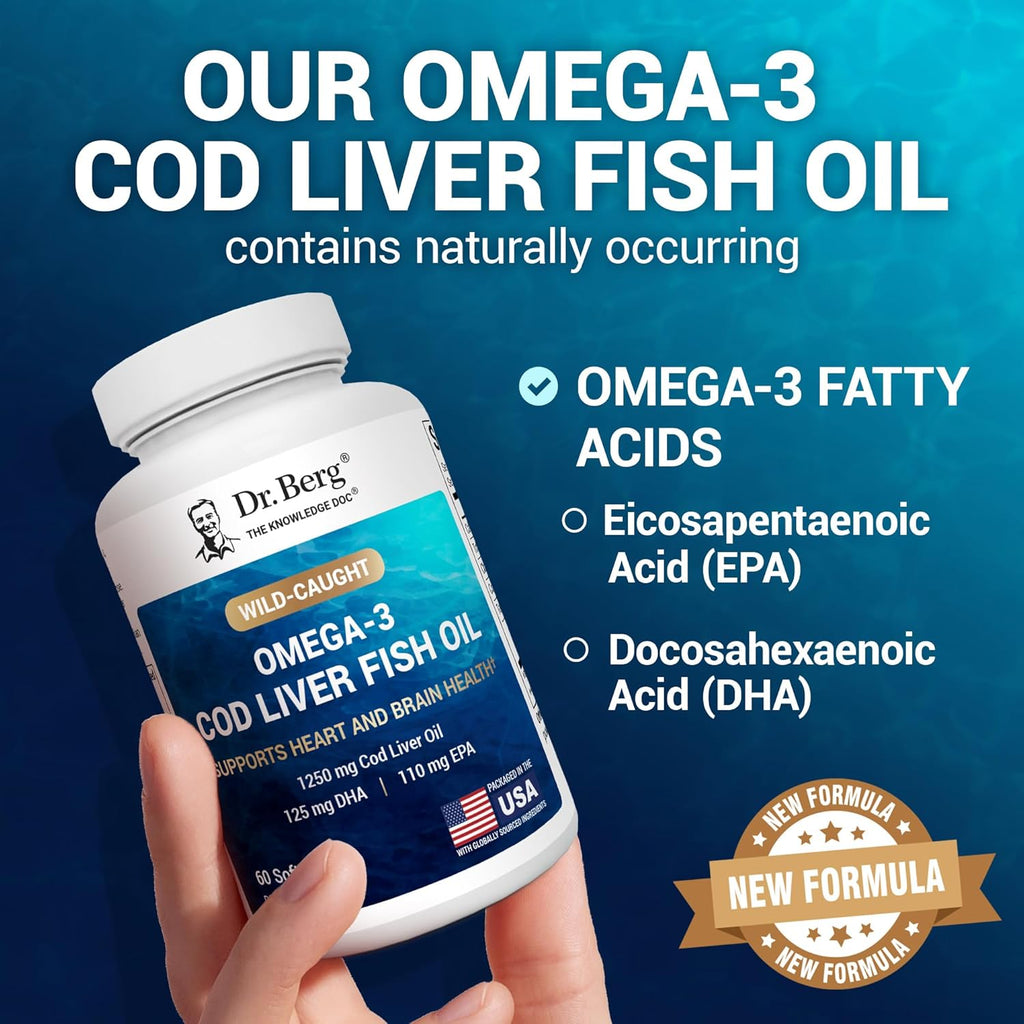 Dr. Berg Maximum Strength Omega-3 Cod Liver Fish Oil (1250 mg) from Wild-Caught Cod - Lemon-Flavored Omega-3 Fish Oil for Women & Men - EPA DHA Supplement – 60 Softgels