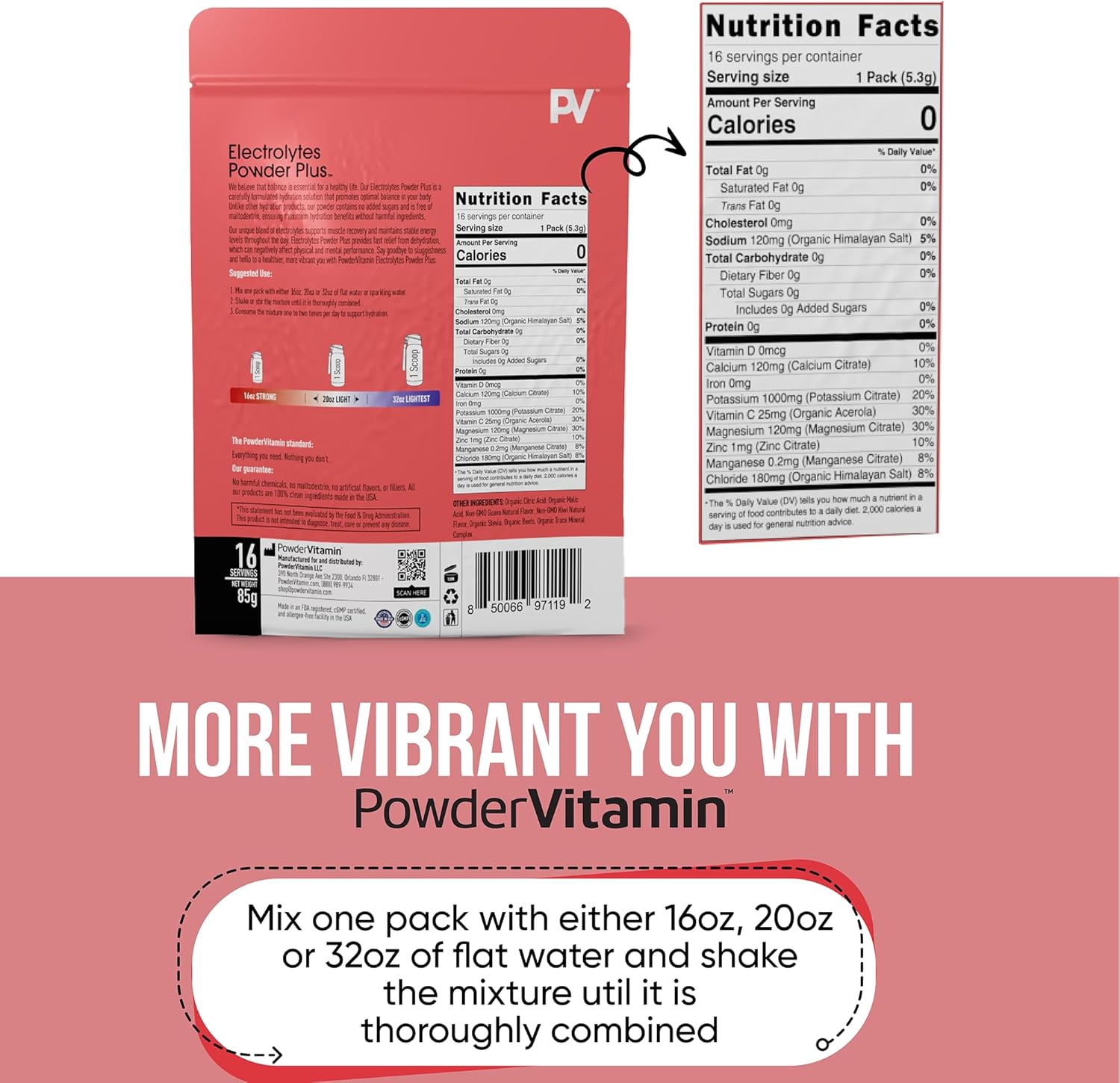 PowderVitamin Electrolytes Powder Plus, Keto, Guava Kiwi, Sugar Free, Pink Himalayan Salt, 1000mg Potassium, 120mg Calcium, 120mg Magnesium, Non-GMO, Zero Calories, (16 Hydration Packets)