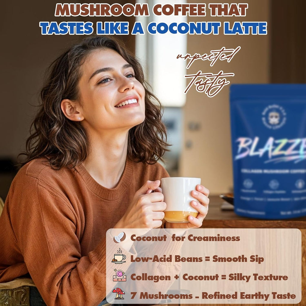 BLAZZE Mushroom Coffee,Adaptogenic 7 Mushrooms with Reishi,Lion's Mane & Chaga,Collagen Peptides, Ashwagandha,MCT,L-Theanine–Instant Coffee for Focus, Energy & & Immune Support–30 Servings