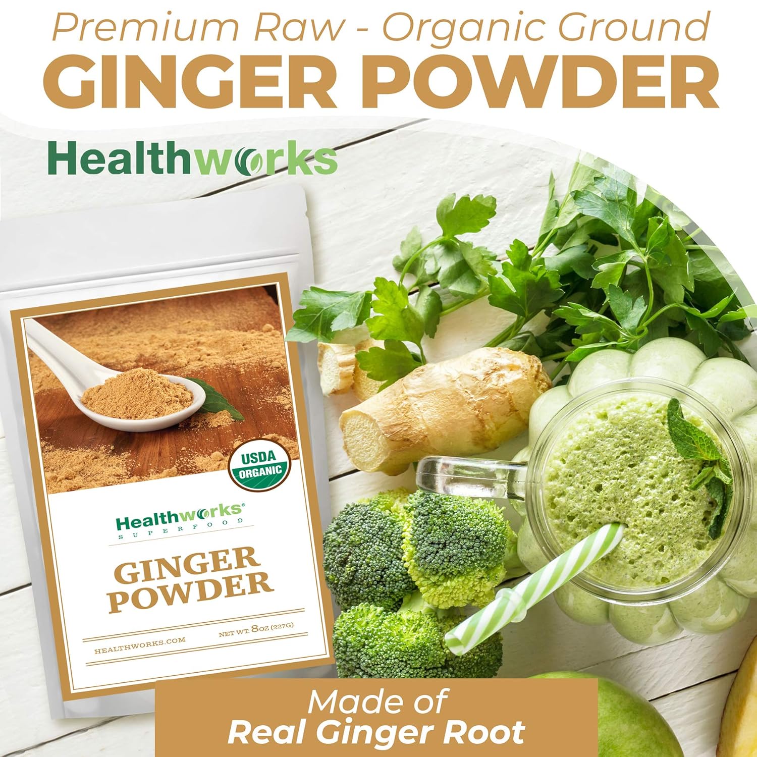 Healthworks Superfoods Organic Ginger Powder - 8 Oz - Ground, Raw & All-Natural - Keto, Vegan - Great with Coffee, Tea & Juices - Superfood/Spice
