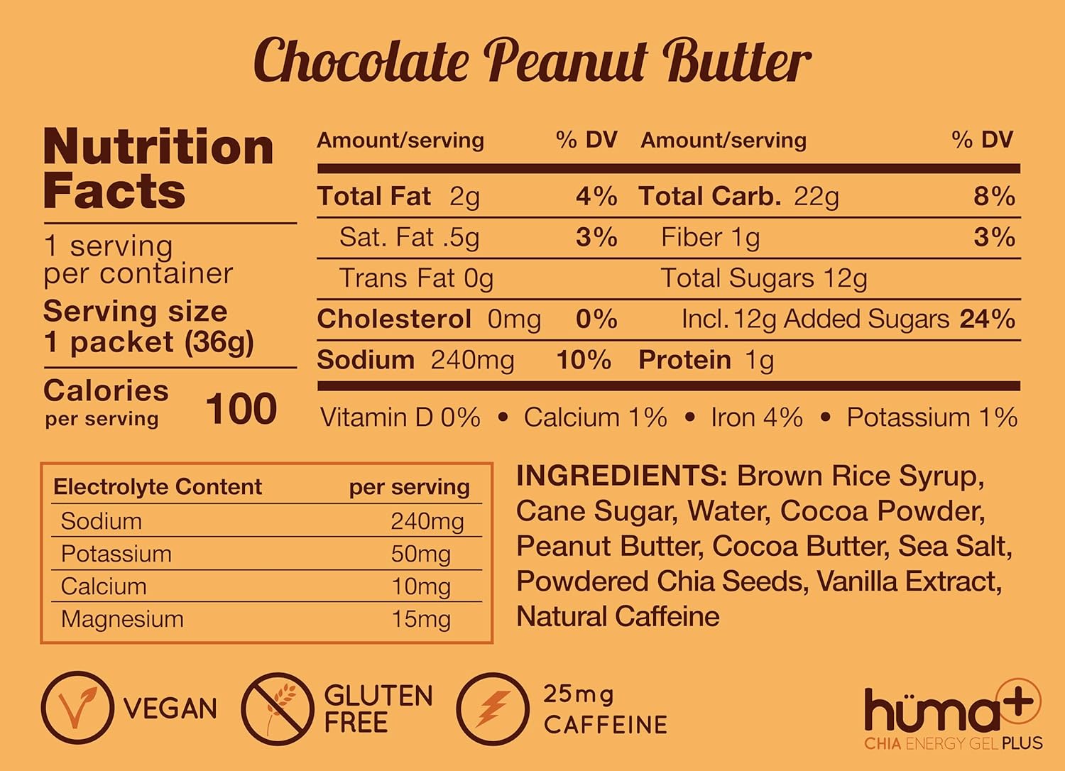 Huma Plus (Double Electrolytes) - Chia Energy Gel, Chocolate Peanut Butter, 12 Gels - Stomach Friendly, Real Food Energy Gels