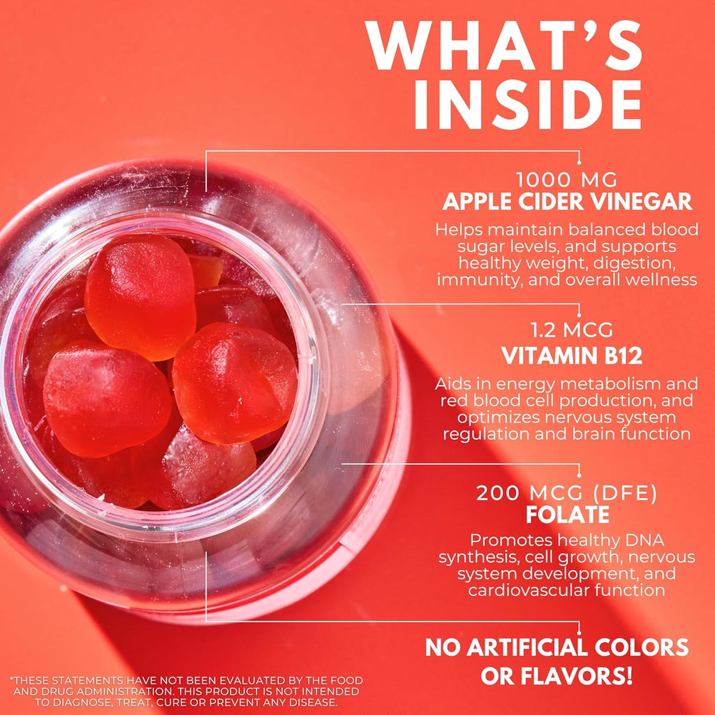 Apple Cider Vinegar Gummies - Sugar Free Apple Cider Gummies with Vitamin B12 and Beetroot Powder - Vegan, Non-GMO & Gluten-Free, Made in USA (30 Servings)