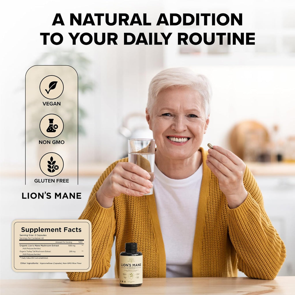 Lions Mane Supplement Capsules with Turkey Tail – Nootropic Brain Fog, Focus, Memory, Nerve Function, & Immune Support Supplement – Non-GMO 1200 Mg Lions Mane Mushroom Supplement, 120 Caps.