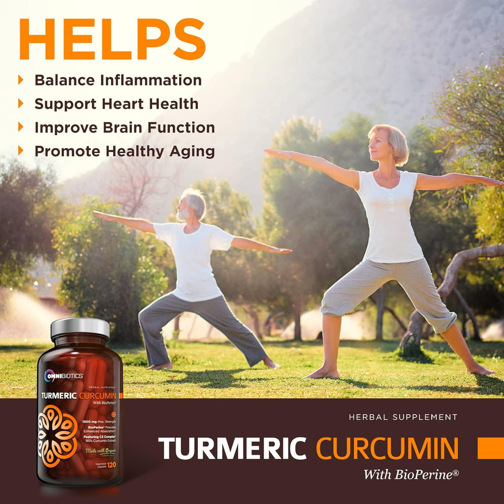 OmniBiotics Organic Turmeric Curcumin Supplement with Black Pepper Extract – 1500mg Turmeric with 95% Curcuminoids & BioPerine, High Absorption for Joint Support – 120 Vegan Capsules