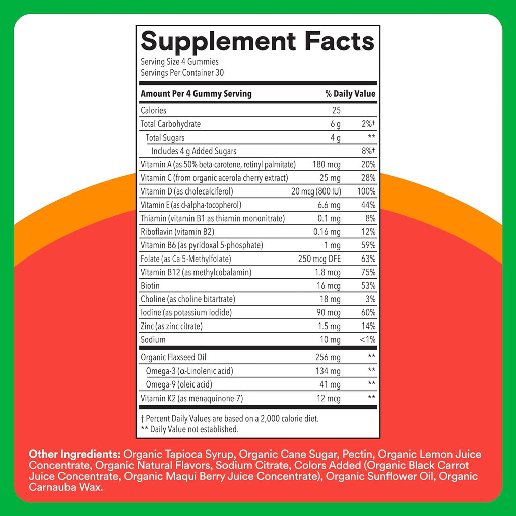 SmartyPants Organic Kids Multivitamin Gummies: Omega 3 (ALA), Vitamin D3, C, Vitamin B12, B6, A, K & Zinc for Immune Support, Biotin, Vegetarian, Three Fruit Flavors, 120 Count (30 Day Supply)