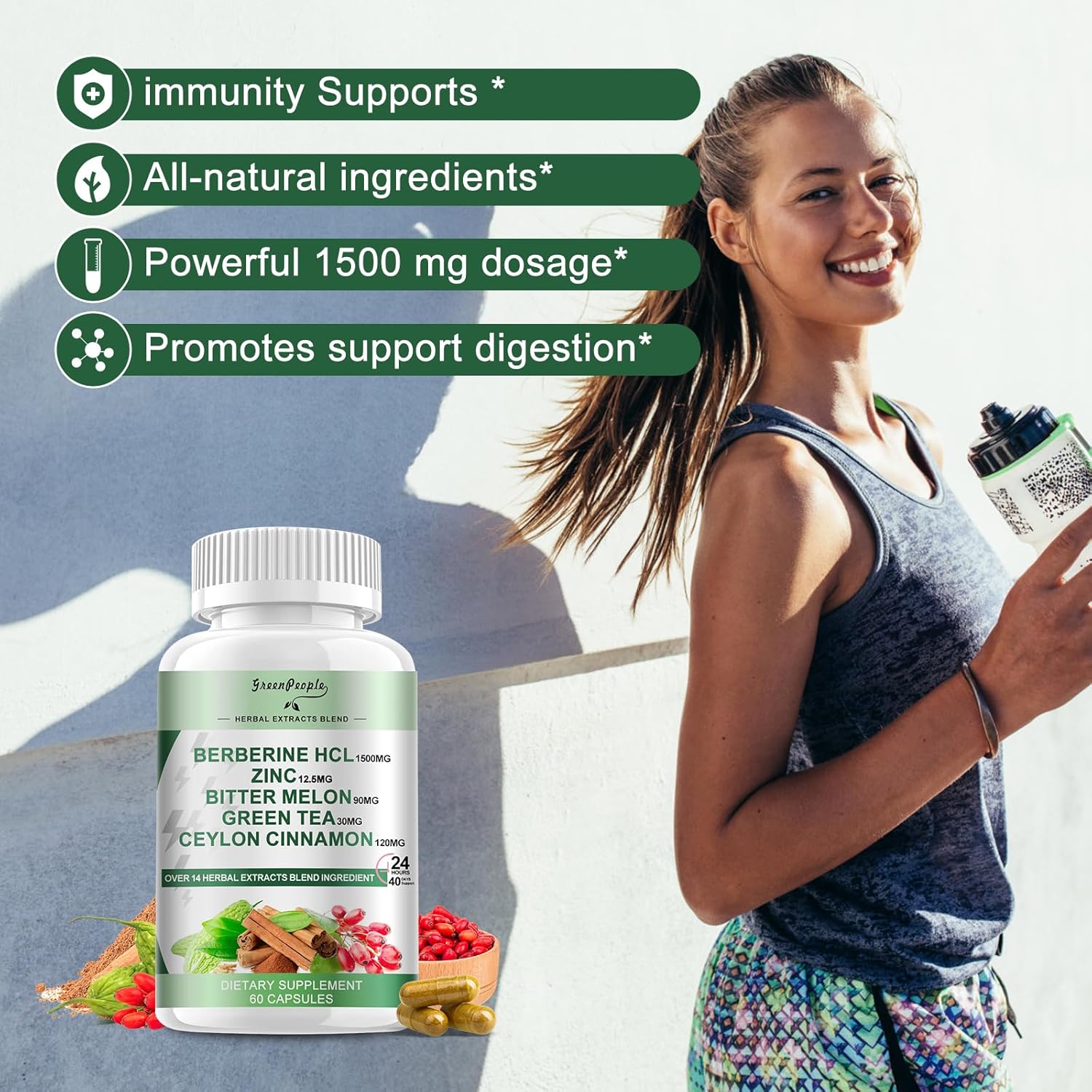 Berberine Supplement with Ceylon Cinnamon - Berberine 1500mg Activates AMPK & GLP-1 Berberine HCL Capsules with Bitter Melon/Artichoke Extracts & Natural Herbs for Immune Support 60 Count