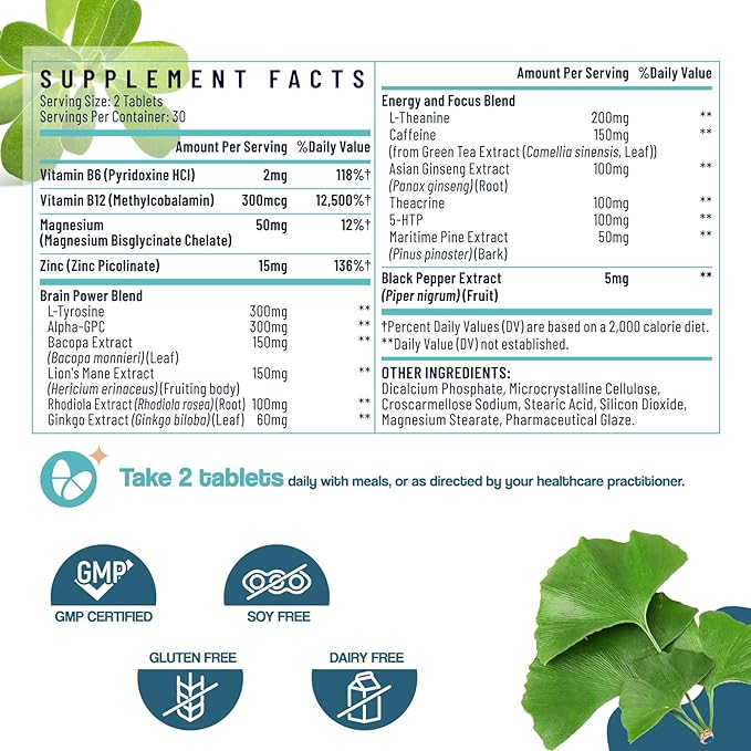 17-in-1 Brain Supplement for Memory and Focus | Nootropic Brain Supplement for Mental Clarity, Concentration, Alertness | Natural Nootropics with Herbal Extracts, Vitamins & Amino Acids (60 Tablets)