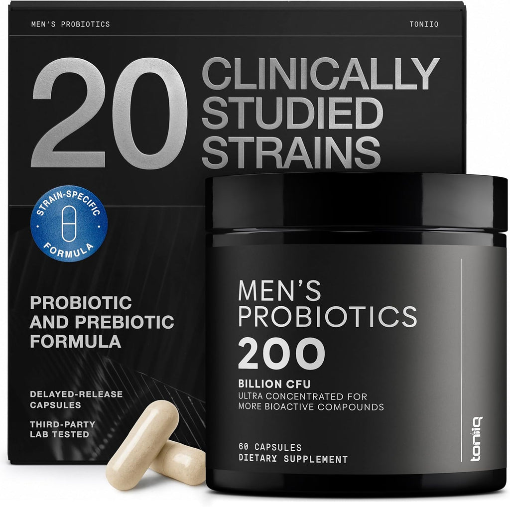 Toniiq Mens Probiotic with 20 Verified Strains – 200 Bilion CFU + 200mg FOS Prebiotic – Mens Probiotics for Gut Health - Cold-Chain & Delayed-Release – Lab-Tested Synbiotic Formula