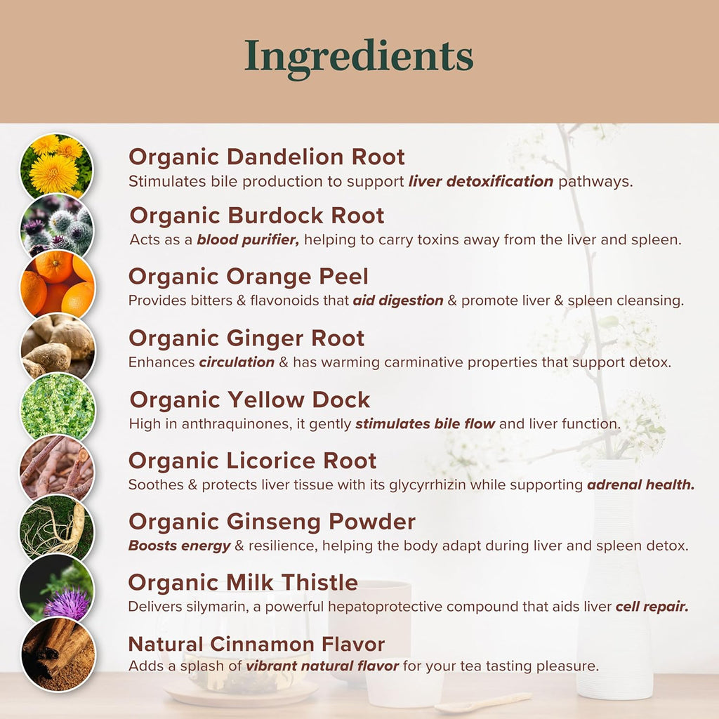 Jade Tea Organic Dandelion Root Tea For Liver & Spleen Detox Tea - Burdock Root, Ginger Root, & Orange Peel - Supports Liver, Kidney, Gallbladder, & Spleen Health - Cinnamon Spice, Made In USA