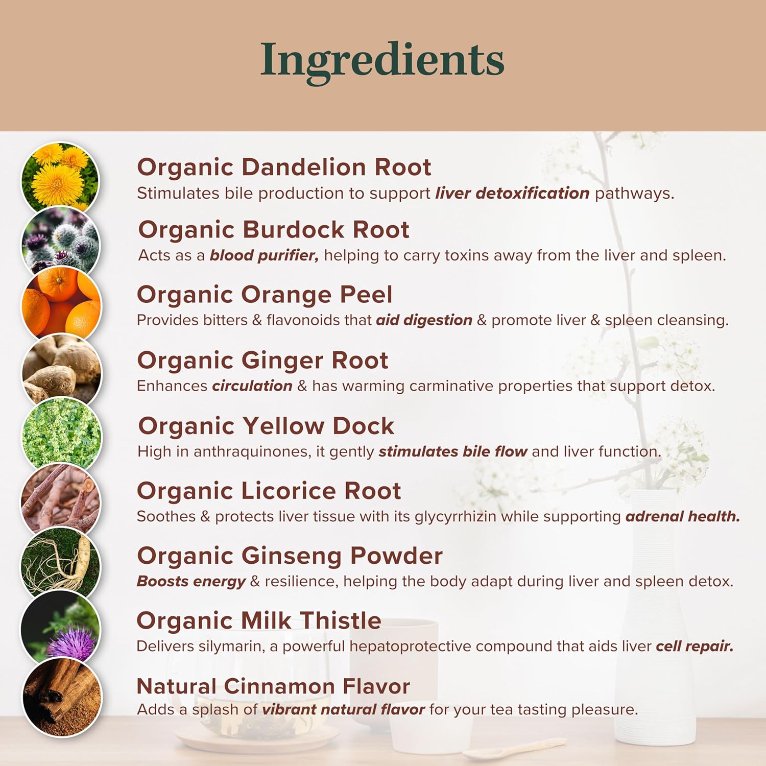 Jade Tea Organic Dandelion Root Tea For Liver & Spleen Detox Tea - Burdock Root, Ginger Root, & Orange Peel - Supports Liver, Kidney, Gallbladder, & Spleen Health - Cinnamon Spice, Made In USA