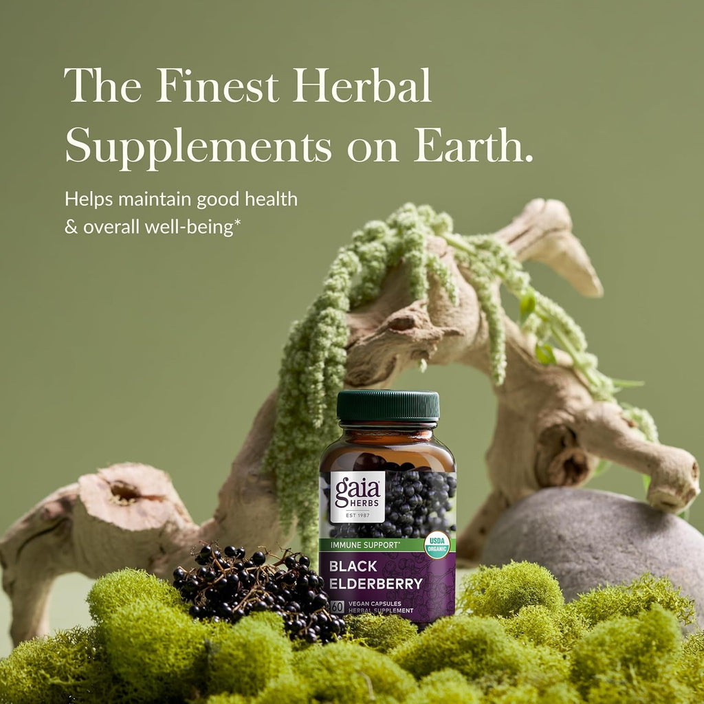Gaia Herbs Black Elderberry - Daily Immune Support Supplement to Help Maintain Well-Being - with Black Elderberries and Acerola Fruit for Antioxidant Support - 60 Vegan Capsules (30-Day Supply)