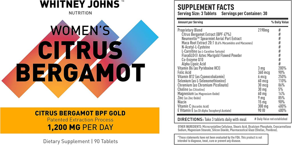 Citrus Bergamot for Women, Clinically Tested Bergamot Supplement specifically formulated for Womens Health and Wellness, Antioxidant,1200mg, 90 Tablets