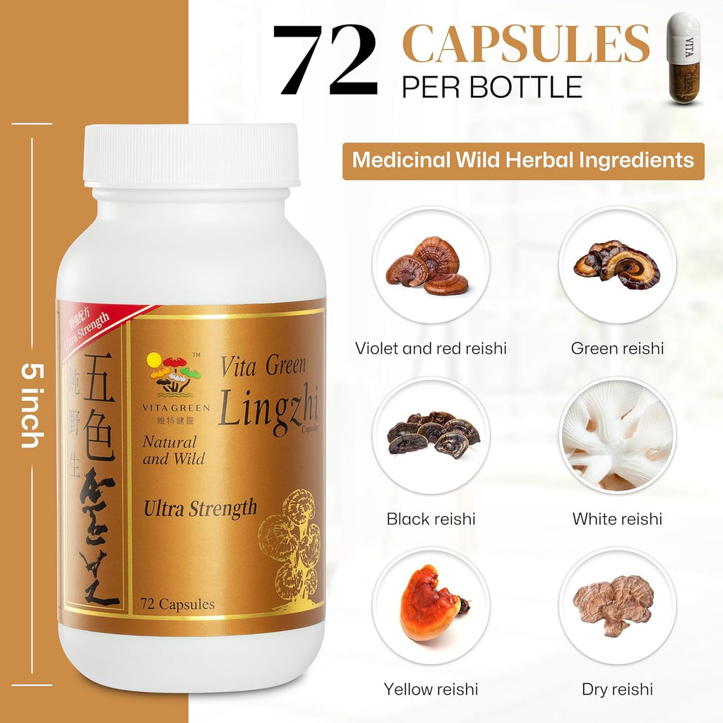 Vita Green Lingzhi Mushroom Capsules (五色靈芝) – Pure Reishi Supplement with Natural Antioxidants for Wellness, Energy, and Immune Support – 72 Capsules
