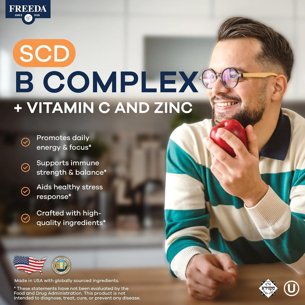 FREEDA Vitamin B Complex with Vitamin C & Zinc – Stress B Complex, Methylfolate & Active B12 + B1 B2 B3 B6 Biotin Choline – BComplex Vitamins for Women & Men – SCD Legal, Kosher, Vegan (60 Capsules)