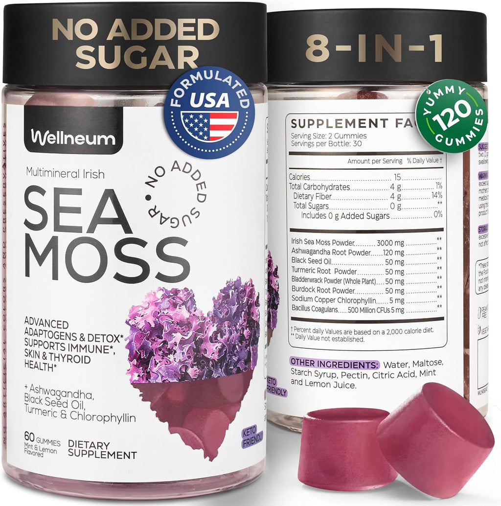 Multimineral Sea Moss Glow Gummies - Irish Seamoss for Immunity, Thyroid Health, Skin - Detox Cleanse Gummies with Black Seed Oil, Bladderwrack, Ashwagandha - No Sugar, GMO - for Men and Women