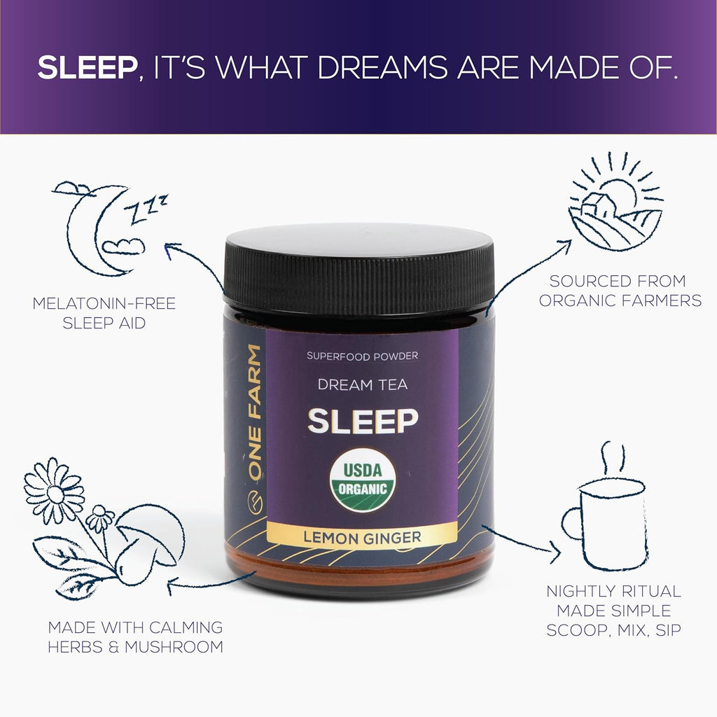 One Farm Dream Tea Sleep Powder - with USDA Organic Reishi, Tart Cherry, Chamomile, Lemon Balm, and Passionflower - 45 Servings in a Resealable Glass Jar - Soothing Chamomile Flavor