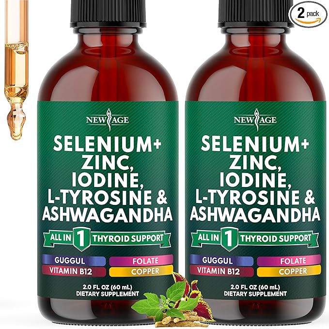 Thyroid Support Drops - Selenium, Zinc, Iodine, L Tyrosine, Ashwagandha, Turmeric, Schisandra Guggu, Cayenne, Basil - Liquid Supplement Folate Copper Alcohol -Free, Vegan, Non-GMO – 4 oz