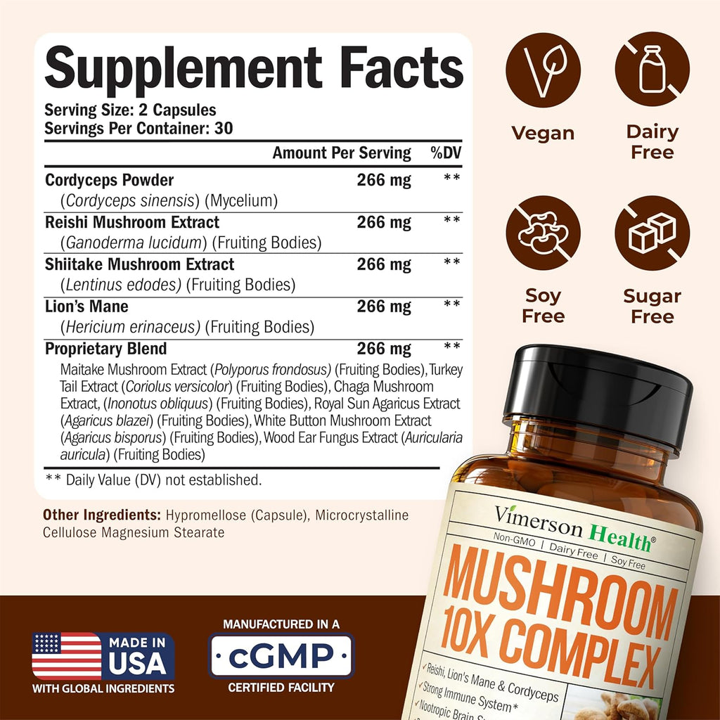 Potent Mushroom Complex with Turkey Tail, Lions Mane Extract, Shiitake Mushrooms, Reishi, Cordyceps, Maitake, Chaga & More – 10-in-1 Mushroom Supplement for Mental Clarity, Natural Energy & Focus