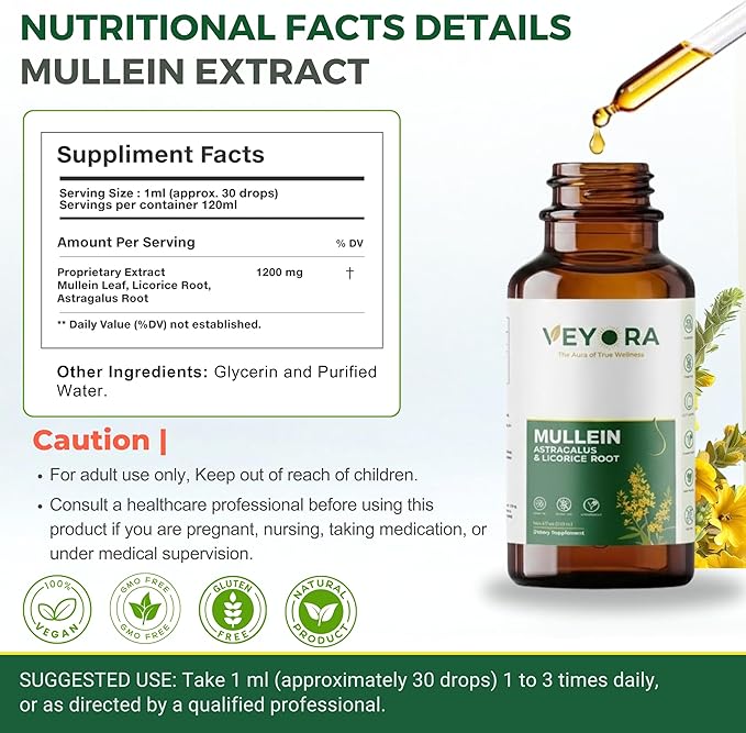Mullein Leaf Drops with Astragalus & Licorice Root - 4 fl oz Liquid Supplement - Herbal Extract Drops - 1200mg Per Serving - Vegan, Non-GMO, Gluten Free - 120 Servings