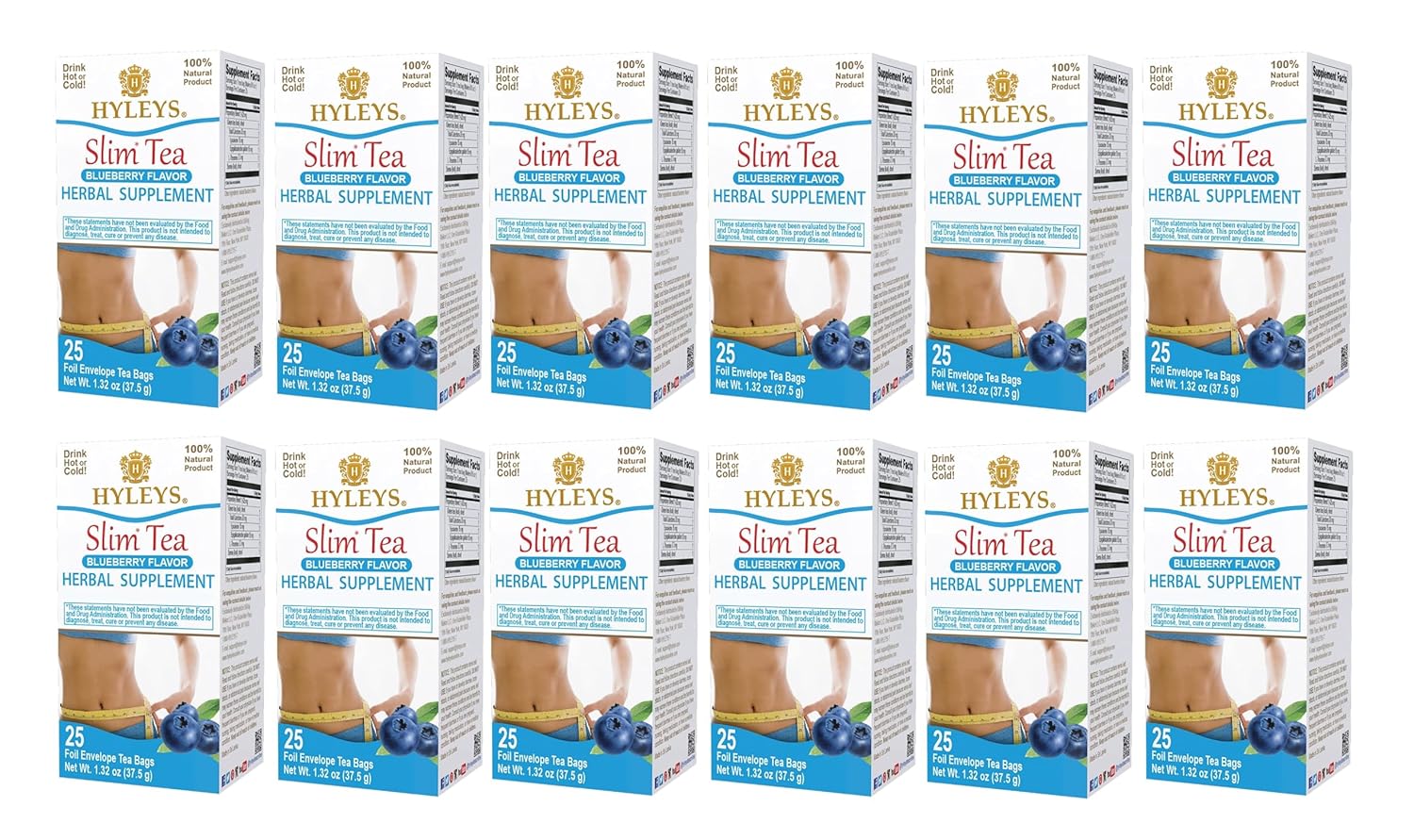 Hyleys Slim Tea Blueberry Flavor - Weight Loss Herbal Supplement Cleanse and Detox - 25 Tea Bags (12 Pack)