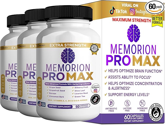 Memorion Pro Max Extra Strength Brain Support Supplement, 60 Capsules, with DHA, Vitamins, Herbal Blend, 30-Day Supply (3)