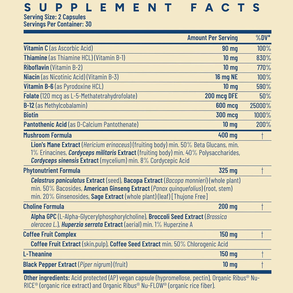 Brain-fx™ B Vitamins & Herbs for Memory and Focus, Nootropic Supplement, Methylated B Complex Choline Bacopa Lions Mane Cordyceps Mushroom Coffee Fruit Extract Alpha GPC L Theanine Huperzine A - 60ct