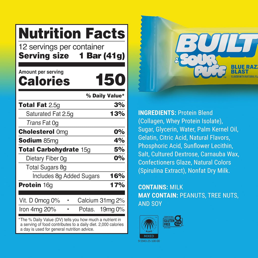 Built Bar, Sour Puff Protein Bars, Blue Razz Blast, Collagen, On-the-go Snacks, Sour Candy Snack, 12 Pack