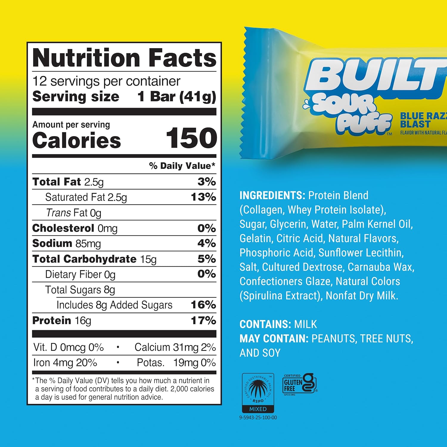 Built Bar, Sour Puff Protein Bars, Blue Razz Blast, Collagen, On-the-go Snacks, Sour Candy Snack, 12 Pack