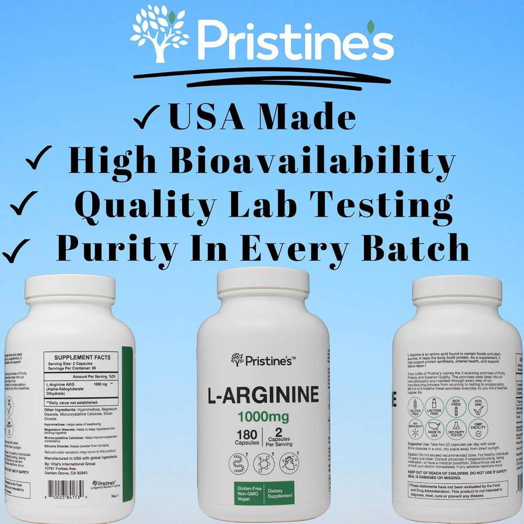 PRISTINE'S L Arginine Supplements for Men & Women - 1000mg Capsules 90 Day Supply Nitric Oxide & Pre Workout Amino Acid Support