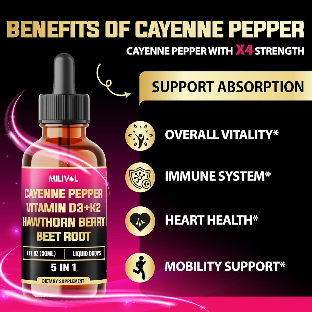 5in1 Cayenne Pepper Liquid Drops with Vitamin D3, Vitamin K2, Hawthorn Berry and Beet Root - Digestion Support - 1 FL Oz - 60 Days Supply