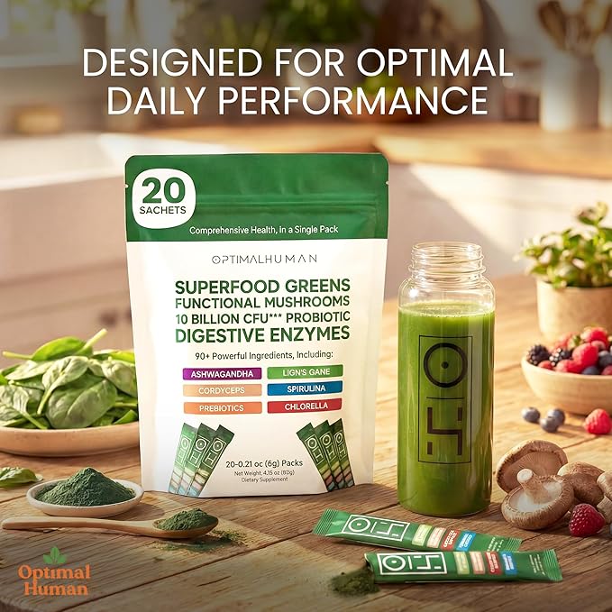 Optimal Human Superfood Greens Powder – 90+ Ingredient Blend with Lion’s Mane Supplement, Ashwagandha & Turmeric – Non-GMO, Soy-Free, Mushroom Supplements for Women – 20 Sachets