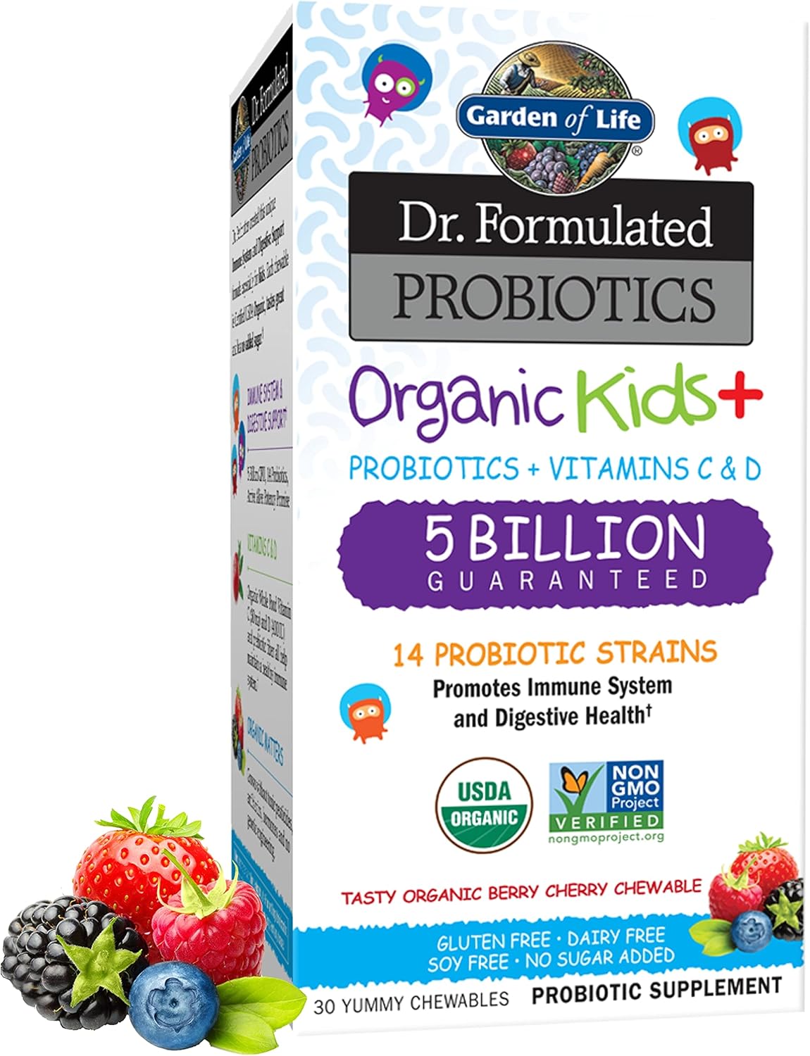 Garden of Life Dr. Formulated Probiotics for Kids, Organic Kids+ - Berry Cherry, 5 Billion CFU Chewable Probiotic Plus Vitamin C and D, Dairy Free Immune Digestive Health Supplement, 30 Chewables
