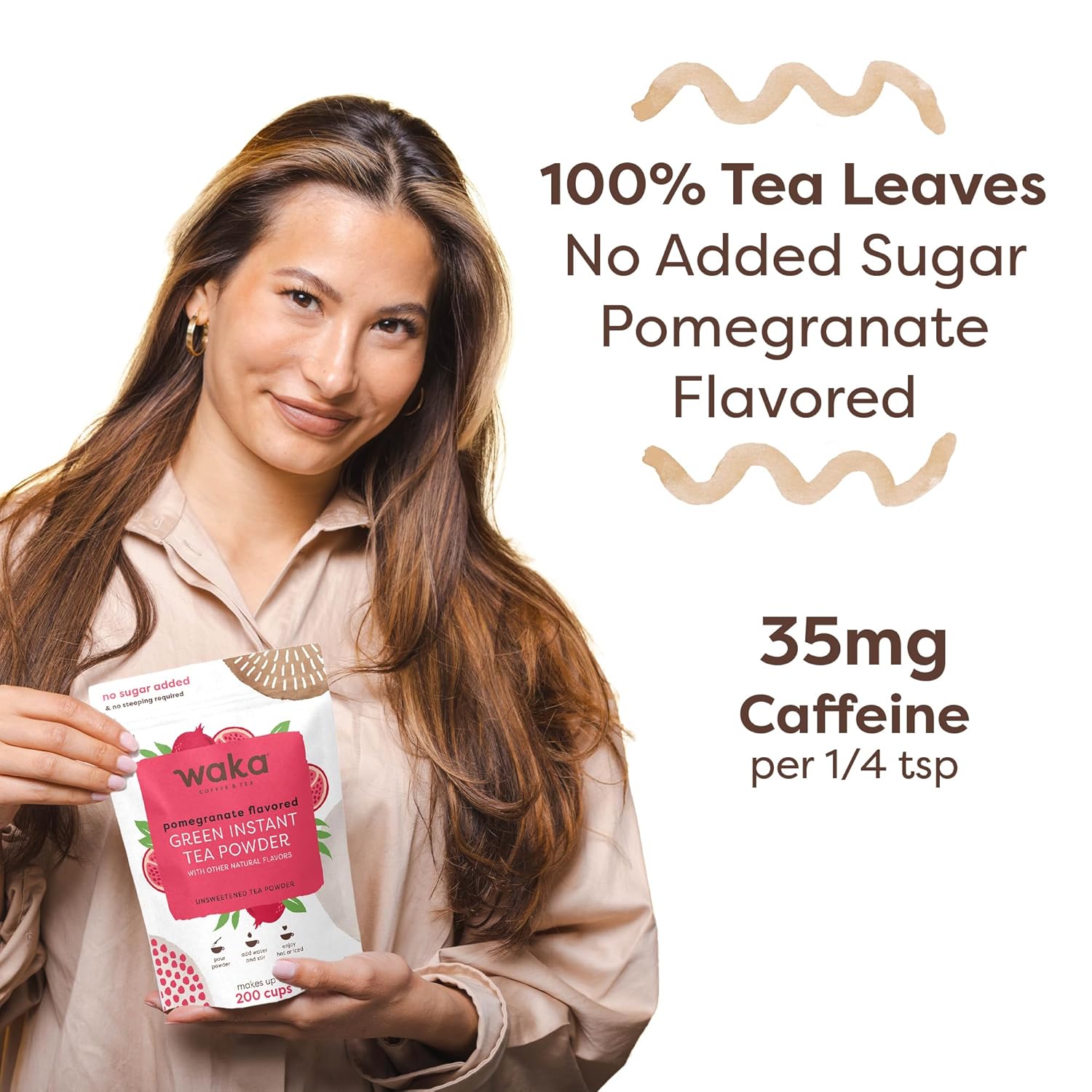 Waka Instant Green Tea Mix, Pomegranate Flavored - 100% Tea Leaves, No Additives, Unsweetened Tea Powder in Bulk Pouch – Easy Quick Hot and Iced Teas, Up to 200 Cups (4.5oz)