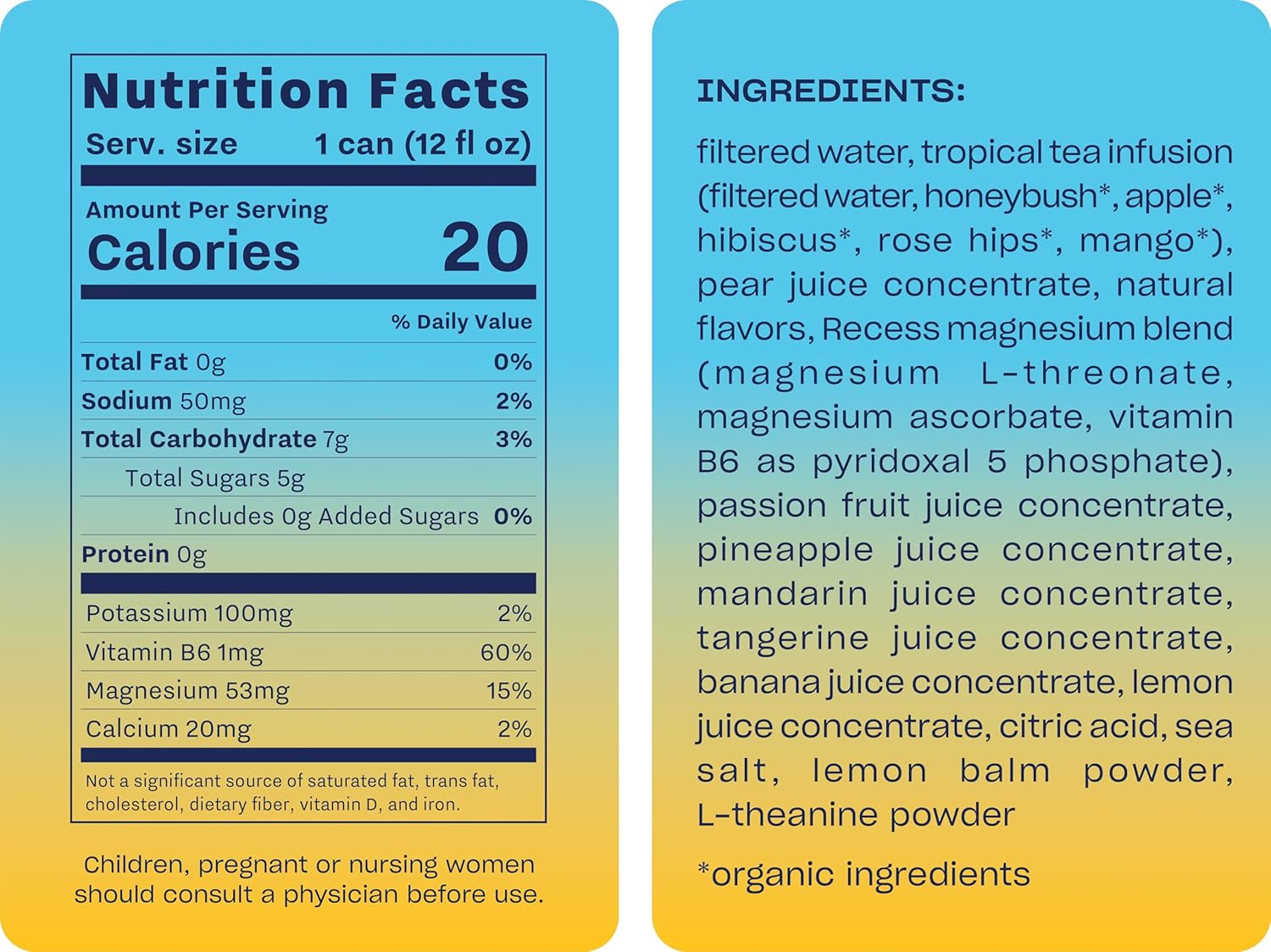 Recess Mood Magnesium & Adaptogen Drink, Relaxation Beverage, 12 Ounce (Tropical Bliss, 12 Pack)