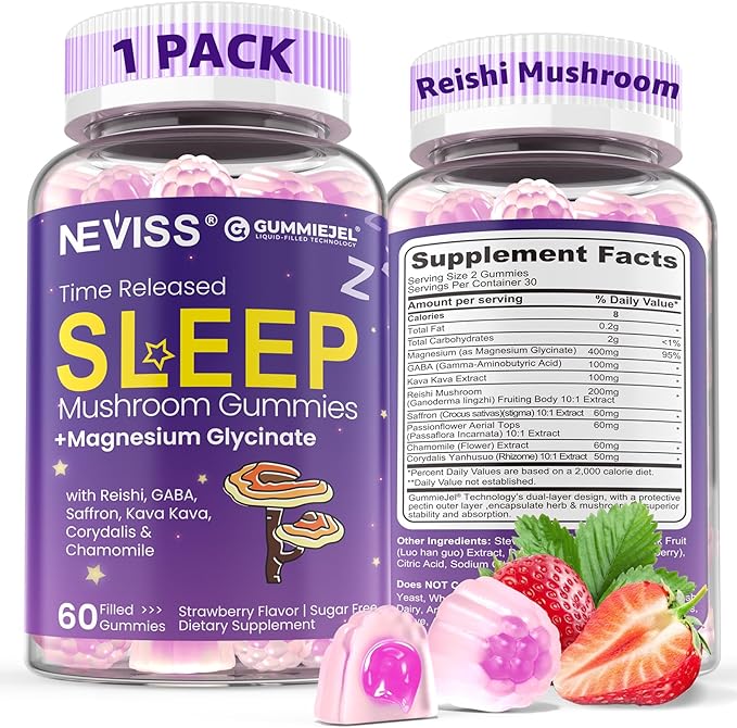 NEVISS Reishi Mushroom Sleep Gummies - Melatonin Free Sleep Gummies for Adult | Reishi, Saffron, Magnesium, GABA & Chamomile - Non-Habit Forming, Help for Deep Relaxation - Vegan, Berry Flavor, 1Pack