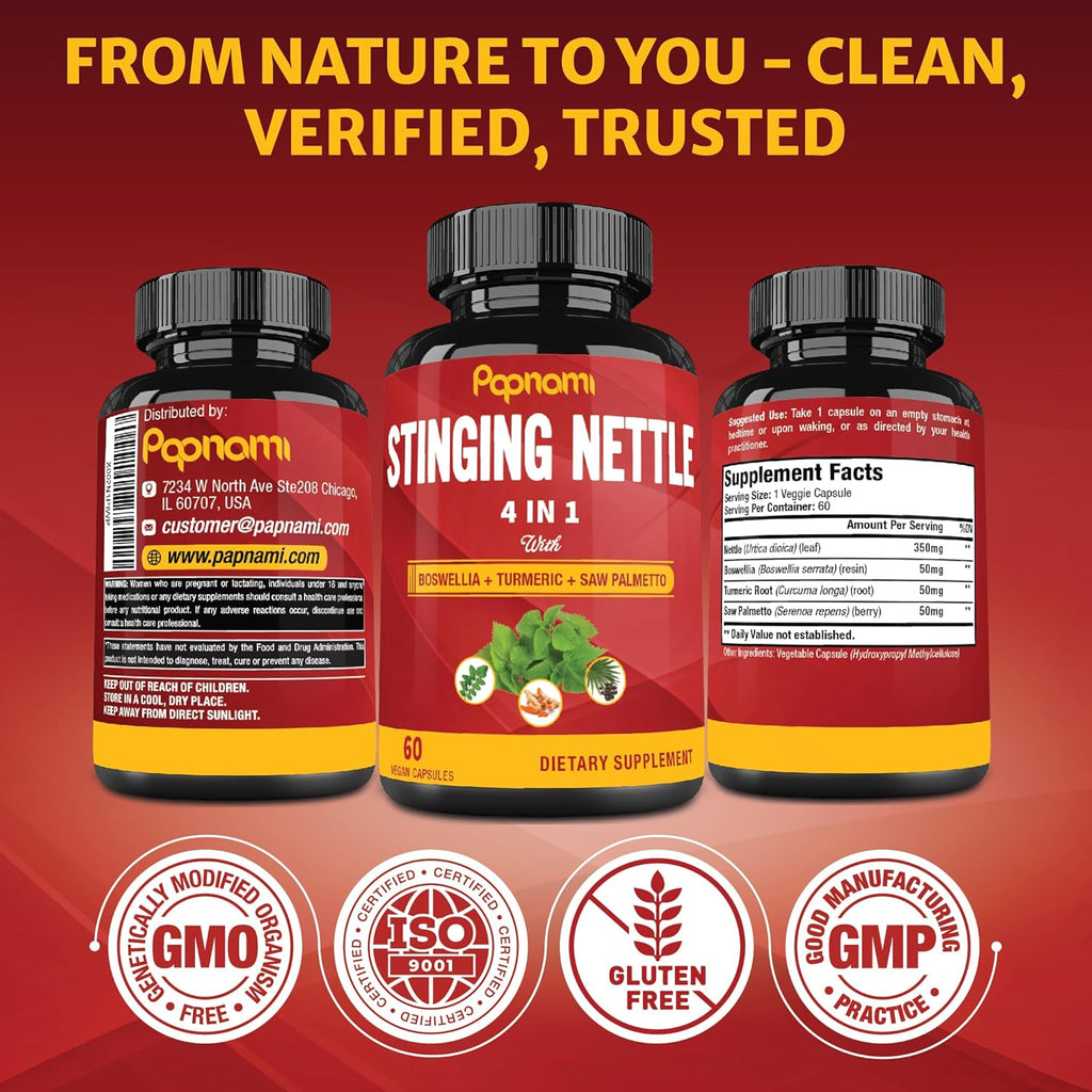 Stinging Nettle Extract Capsules with Boswellia, Turmeric & Saw Palmetto - 2 Month Supply for Joint, Body Management, Skin, Hair & Immunity