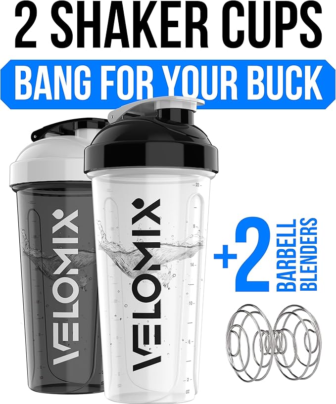 VELOMIX -2 Pack- 28 oz Protein Shaker Bottles for Protein Mixes - 2x Wire Whisk | Leak Proof Shaker Cups for Protein Shakes | Protein Shaker Bottle Pack (Black/White)
