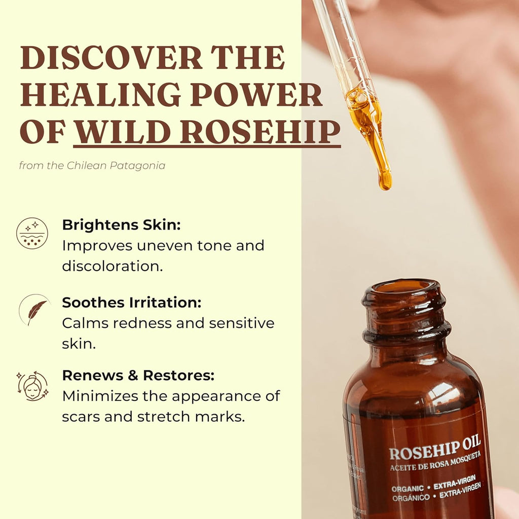 Organic Rosa de Mosqueta Oil- USDA Certified Rosehip Seed Oil Pure Cold Pressed, Repairs & Brightens Skin - Gua Sha Massage, Face, for All Skin Types - Aceite Facial 1OZ