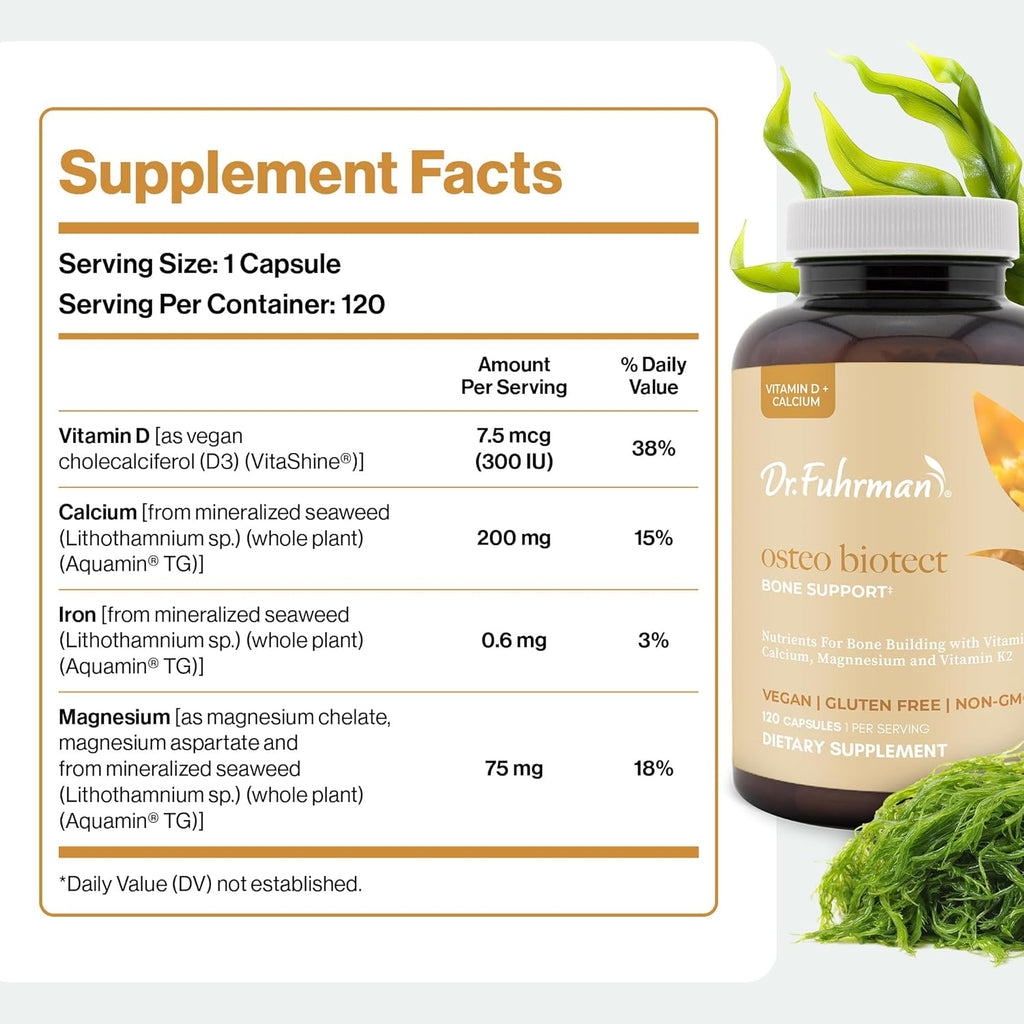 Dr. Fuhrman Osteo Bone Health Supplement | Osteoporosis Supplement Wholefood Vitamin for Bone Density | Organic Vitamin D3, Food-Derived Calcium, Magnesium & K2 | with Natural Ingredients | 120 Caps