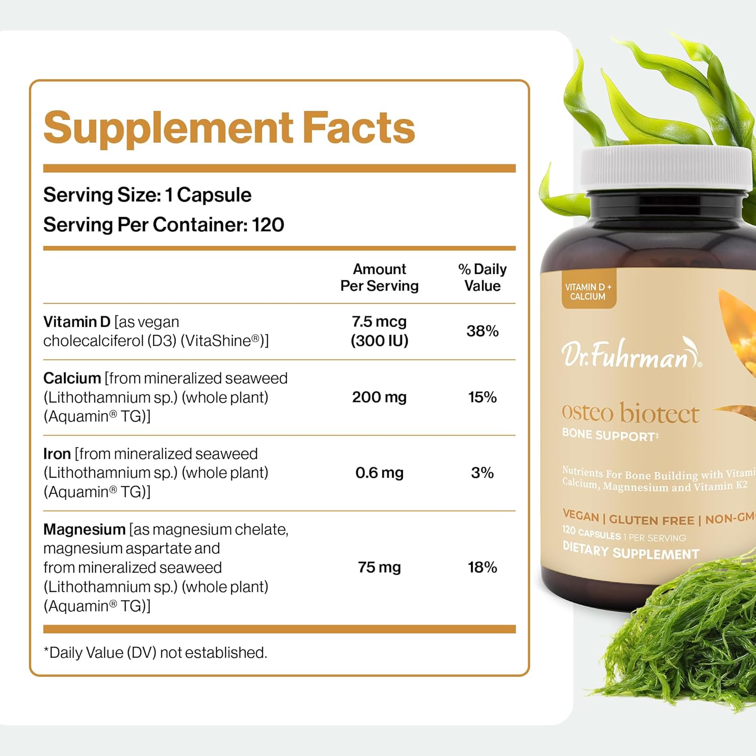 Dr. Fuhrman Osteo Bone Health Supplement | Osteoporosis Supplement Wholefood Vitamin for Bone Density | Organic Vitamin D3, Food-Derived Calcium, Magnesium & K2 | with Natural Ingredients | 120 Caps