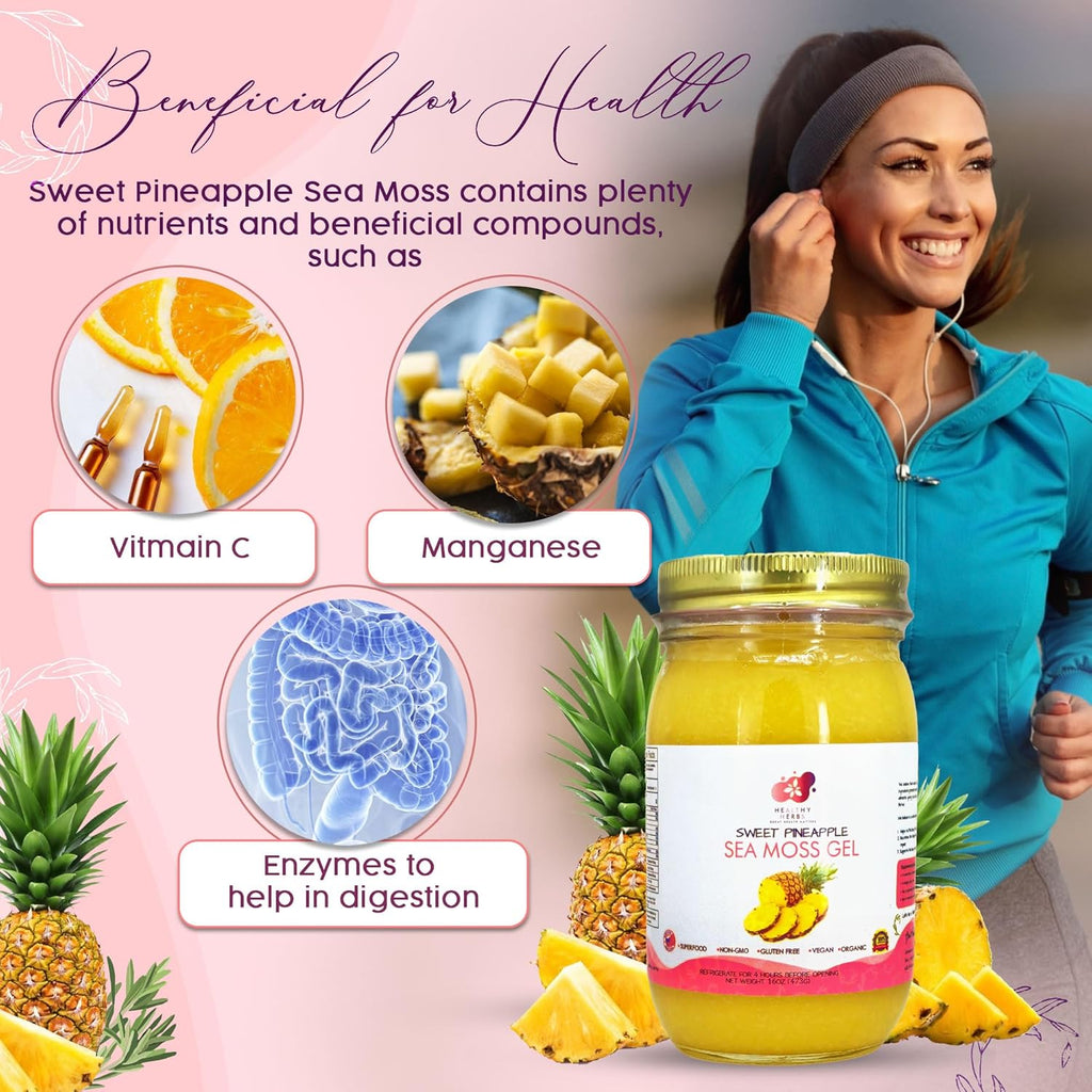 Healthy Herbs Sea Moss Gel (Sweet Pineapple) Wildcrafted from Jamaican St Lucia Gold Seamoss | Wild-Harvested Superfood With Over 90 Essential Vitamins & Minerals | Vegan, Non-GMO, US-Made (16 oz.)