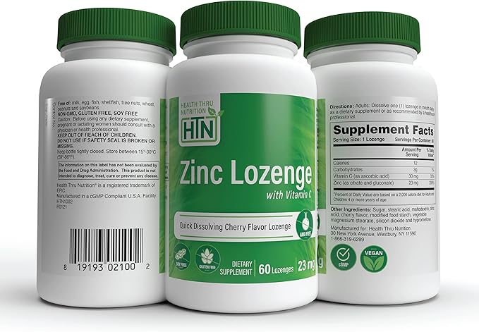 Health Thru Nutrition Zinc Lozenge with Vitamin C | Zinc 23mg Vitamin-C 30mg | Natural Chery Flavor | Supports Healthy Immune Function | 3rd Party Tested | Non-GMO, Gluten & Soy Free (Pack of 60)