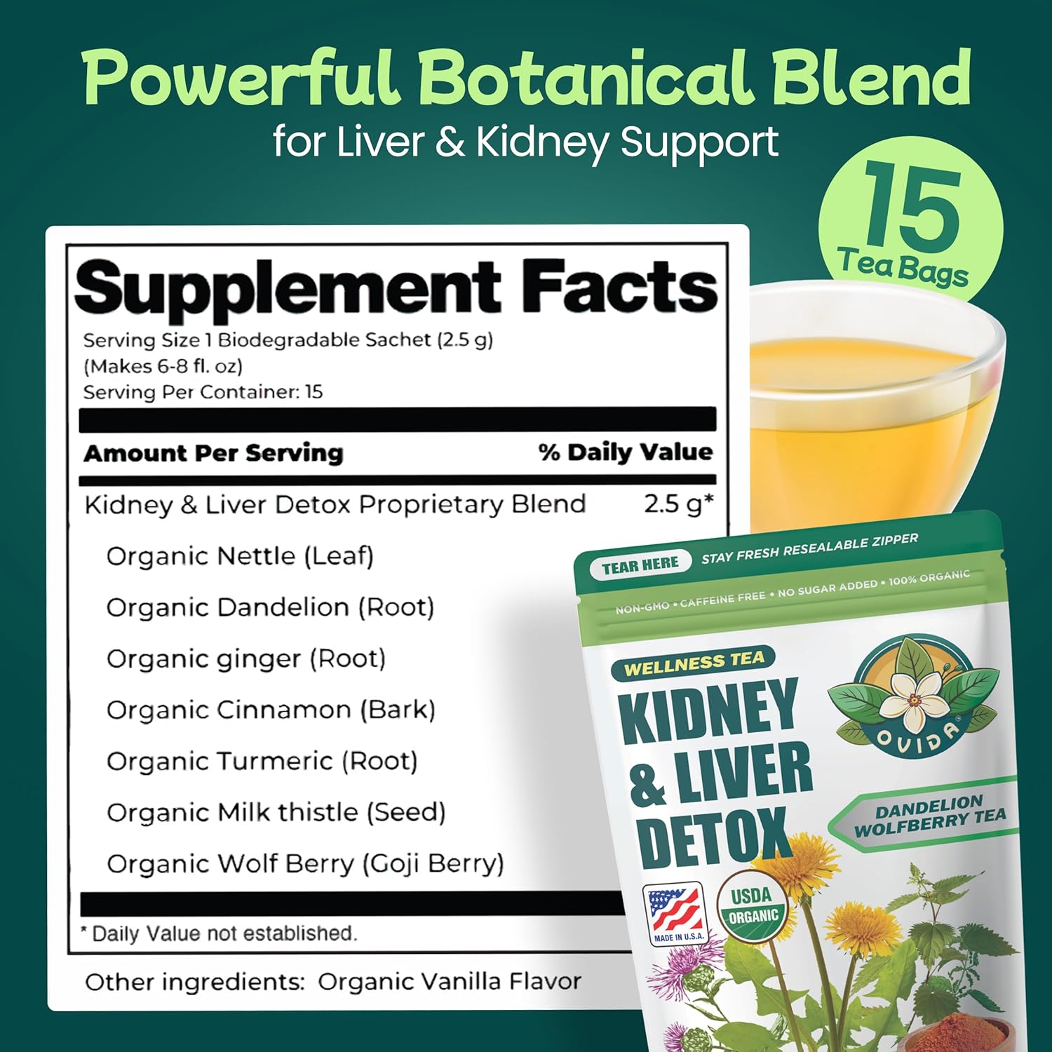 Ovida Dandelion Wolfberry Tea – Natural Kidneys & Liver Health Tea, Organic Herbal Tea with Milk Thistle, Turmeric & Goji Berry, Seven Herbal Ingredients Natural Blend for Daily Wellness, 15 Tea Bags