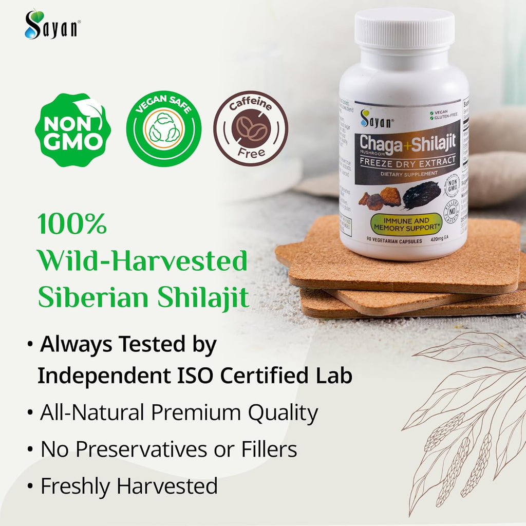 Sayan Siberian Chaga Mushroom Extract with Shilajit 90 Capsules/420mg ea.– Immune and Digestion System Support – Fulvic Acid Supplement – Energy & Clarity – Exclusive Blend – No Fillers